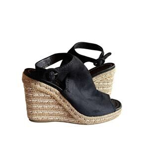 Prada Black Suede Open Toe Espadrille Slingback Wedges